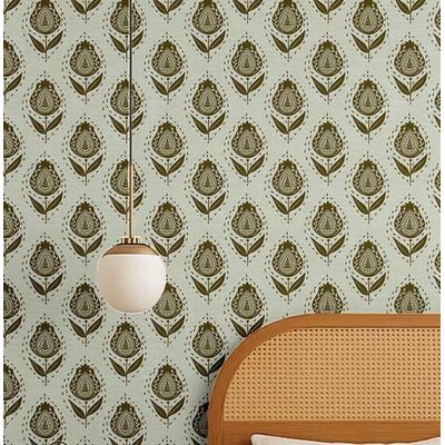 Papel de Parede Étnico Folha Paisley Verde, Estilo Asiático, Vinílico Autoadesivo, Fácil DIY para Quarto e Sala - S4Sassy 63,5 cm (L) × 152,4 cm (C) / Verde - Vinil Texturizado