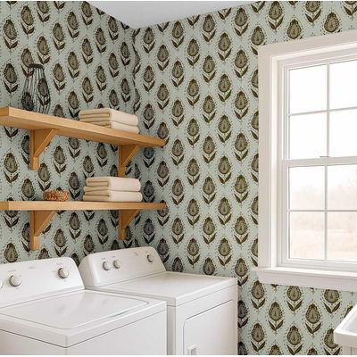 Papel de Parede Étnico Folha Paisley Verde, Estilo Asiático, Vinílico Autoadesivo, Fácil DIY para Quarto e Sala - S4Sassy 63,5 cm (L) × 152,4 cm (C) / Verde - Vinil Texturizado