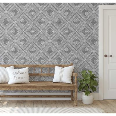 Papel de Parede Bandhani em Azulejos, Autoadesivo, Revestimento Decorativo Estilo Asiático, DIY Fácil para Quarto e Sala - Cinza - S4Sassy 63,5 cm (L) × 152,4 cm (C) / Cinza - Vinil Texturizado