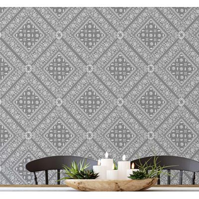Papel de Parede Bandhani em Azulejos, Autoadesivo, Revestimento Decorativo Estilo Asiático, DIY Fácil para Quarto e Sala - Cinza - S4Sassy 63,5 cm (L) × 152,4 cm (C) / Cinza - Vinil Texturizado