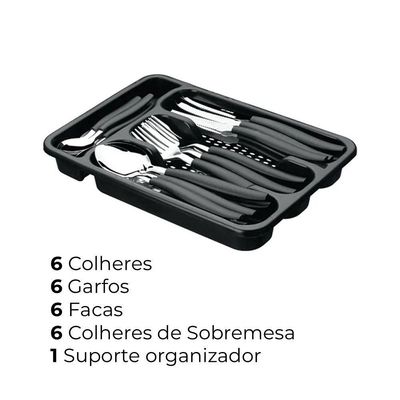 Faqueiro 24 Peças Com Suporte Gaveteiro Organizador De Talheres Baviera Preto Mek