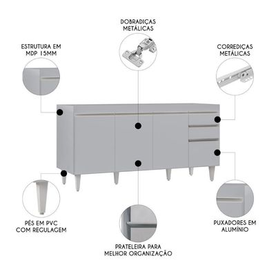 Balcão De Cozinha Para Pia 160cm Sem Tampo Arkansas Cinza Claro - Lumil