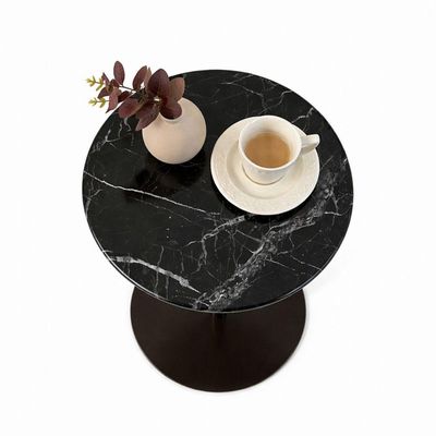 Mesa Lateral Atría Redonda Tampo Mármore Nero Base Alumínio 41CM Marrom