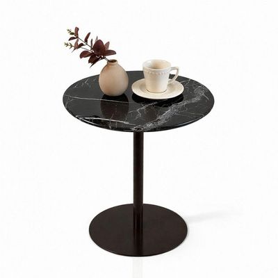 Mesa Lateral Atría Redonda Tampo Mármore Nero Base Alumínio 41CM Marrom
