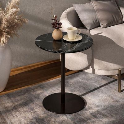 Mesa Lateral Atría Redonda Tampo Mármore Nero Base Alumínio 41CM Marrom