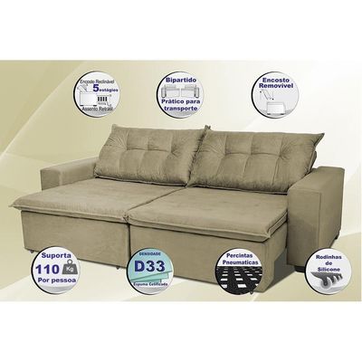 Sofá Austrália 2,72 Mts Retrátil, Reclinável Com Molas E Pillow No Assento Tecido Suede Castor