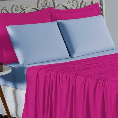 Jogo De Cama Casal Viúva Nobre 4 Peças Malha 100% Algodão - Pink / Azul-bebê