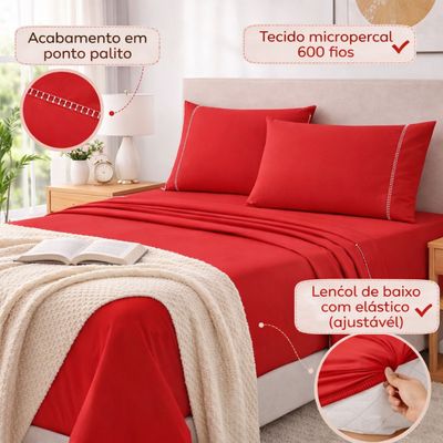 Jogo de Lençol Queen Premium Soft 600 Fios Micropercal Vermelho Ponto Palito Toque Macio 4 Peças