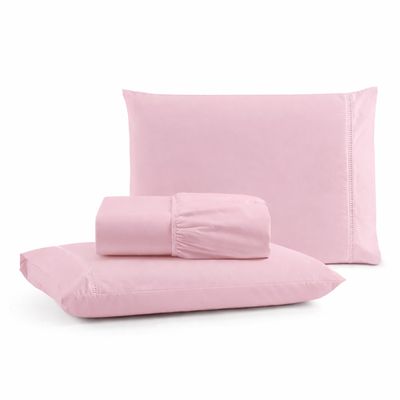 Jogo de Lençol King Premium Soft 600 Fios Micropercal Rosa Bebê Ponto Palito Toque Macio 3 Peças