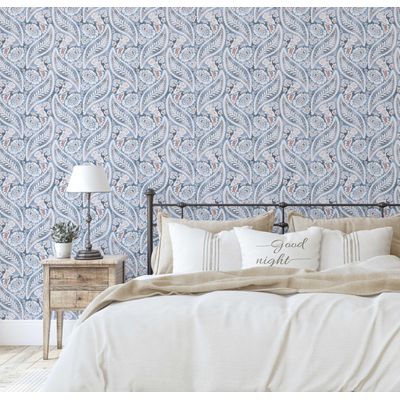 Papel de Parede Floral Paisley em Bloco Azul, Vinil Autoadesivo, Aplicação DIY Fácil para Quarto Estilo Fazenda, Armários e Salas - S4Sassy 63,5 cm (L) × 304,8 cm (C) / Azul - Vinil Liso