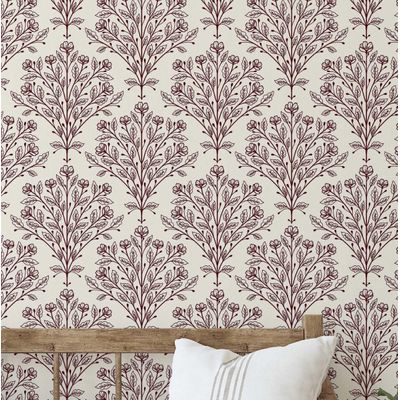 Papel de Parede Contorno Floral - Revestimento Vermelho em Vinil Autoadesivo, Decorativo, Fácil Aplicação DIY para Quarto e Sala - S4Sassy 63,5 cm (L) × 304,8 cm (C) / Vermelho - Vinil Liso
