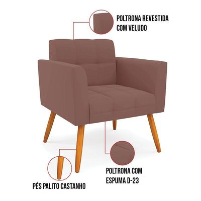 Kit 1 Sofá Namoradeira E 2 Poltronas Elisa Veludo Rosê Pés Palito Castanho - D'rossi