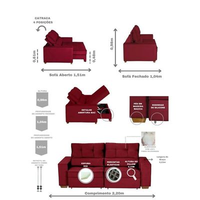 Sofá Baú San Marino Retrátil E Reclinável 3 Lugares Sofatec Vermelho