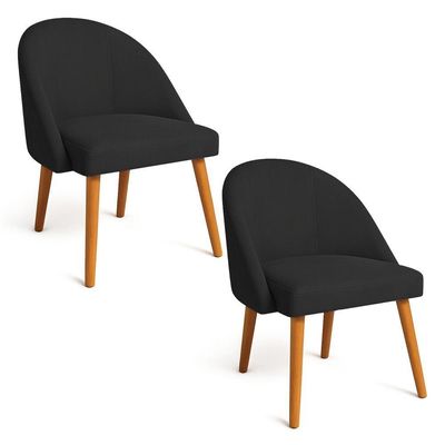Kit 02 Cadeiras Poltrona De Jantar Luna Suede Preto Pés Palito Castanho - Pallazio