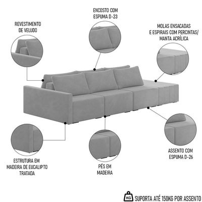 Sofá Ilha Modular Com Puff Para Sala Living 342cm Georgia K04 Veludo Cinza - Mpozenato