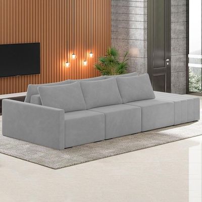 Sofá Ilha Modular Com Puff Para Sala Living 342cm Georgia K04 Veludo Cinza - Mpozenato