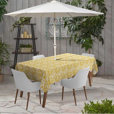Toalha de Mesa Interna/Externa Impermeável para Pátio - Capa de Mesa Primavera/Verão para Jardim, Churrasco e Piquenique - Vargottam 147,32 Cm × 304,8 Cm – Com Furo Para Guarda-Sol / Amarelo