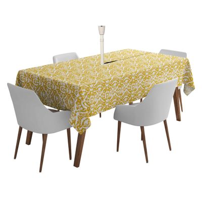 Toalha de Mesa Interna/Externa Impermeável para Pátio - Capa de Mesa Primavera/Verão para Jardim, Churrasco e Piquenique - Vargottam 147,32 Cm × 208,28 Cm – Com Furo Para Guarda-Sol / Amarelo