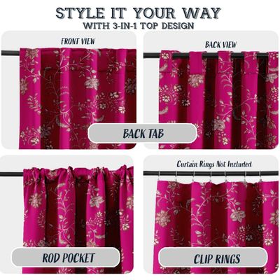 Cortinas de Algodão Extra Longas, Filtrantes, Bolso/Alças - Tetos Altos/Portas Francesas - 2 Painéis - Estampa de Videira - Vargottam 132,08 Cm (L) × 213,36 Cm (C) / Rosa