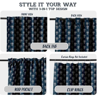 Cortinas de Algodão Extra Longas, 2 Painéis, Filtrantes, Bolso para Varão/Alça Traseira, Tetos Altos/Portas-Francesas, Floral - Vargottam 132,08 Cm (L) × 228,6 Cm (C) / Azul