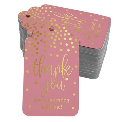 Etiquetas de Papel para Lembrancinha de Aniversário 'Obrigado por Celebrar Comigo' Foil Artesanal para Pendurar - Inkdotpot 50 Etiquetas Metalizadas / Rosa - Dourado