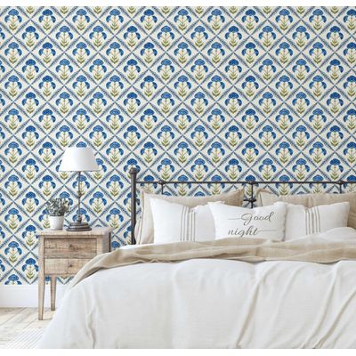 Papel de Parede Padrão Floral em Losangos Estilo Asiático, Vinílico Autoadesivo, DIY Fácil para Quarto e Sala - Azul - S4Sassy 63,5 cm (L) × 304,8 cm (C) / Azul - Vinil Liso