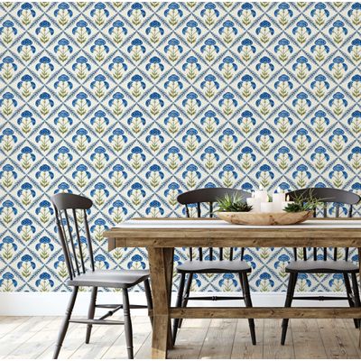 Papel de Parede Padrão Floral em Losangos Estilo Asiático, Vinílico Autoadesivo, DIY Fácil para Quarto e Sala - Azul - S4Sassy 63,5 cm (L) × 304,8 cm (C) / Azul - Vinil Liso