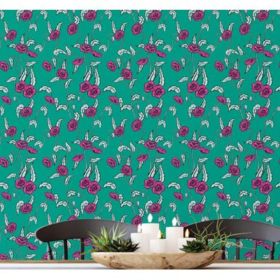 Papel de Parede Floral Estilo Asiático Autoadesivo, Decorativo, DIY Fácil para Quarto, Sala e Ambientes - Verde - S4Sassy 63,5 cm (L) × 304,8 cm (C) / Verde - Vinil Liso