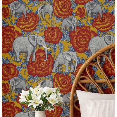 Papel de Parede com Elefante e Rosa, Estilo Asiático, Vinil Autoadesivo Decorativo, Fácil Instalação para Quarto e Sala - S4Sassy 63,5 cm (L) × 304,8 cm (C) / Vermelho - Vinil Liso