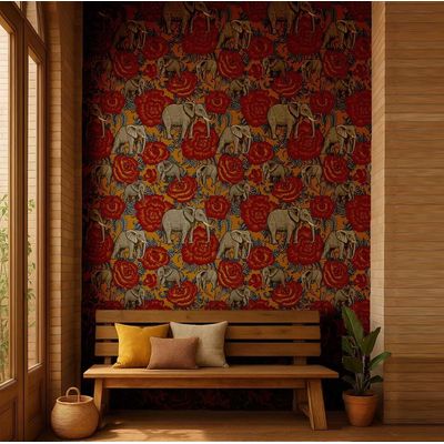 Papel de Parede com Elefante e Rosa, Estilo Asiático, Vinil Autoadesivo Decorativo, Fácil Instalação para Quarto e Sala - S4Sassy 63,5 cm (L) × 304,8 cm (C) / Vermelho - Vinil Liso