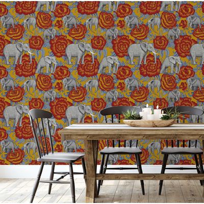 Papel de Parede com Elefante e Rosa, Estilo Asiático, Vinil Autoadesivo Decorativo, Fácil Instalação para Quarto e Sala - S4Sassy 63,5 cm (L) × 304,8 cm (C) / Vermelho - Vinil Liso