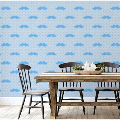Papel de Parede Vinílico Autoadesivo com Estampa de Bigodes Azuis, Instalação Fácil para Quarto Infantil e Brinquedoteca - S4Sassy 63,5 cm (L) × 609,6 cm (C) / Azul - Vinil Liso
