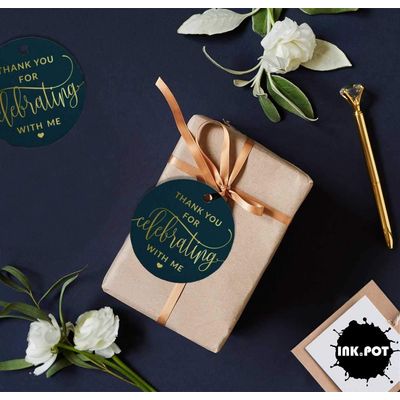 Etiquetas de Papel para Lembrancinhas de Aniversário 'Obrigado por Comemorar Comigo' com Acabamento em Foil - Inkdotpot 100 Etiquetas Metalizadas / Azul - Prata