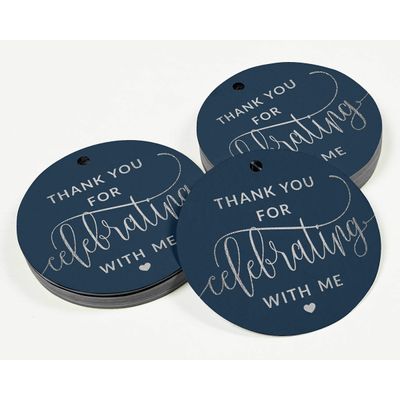 Etiquetas de Papel para Lembrancinhas de Aniversário 'Obrigado por Comemorar Comigo' com Acabamento em Foil - Inkdotpot 100 Etiquetas Metalizadas / Azul - Prata