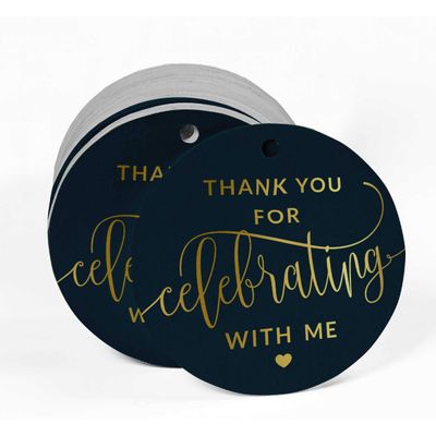 Etiquetas de Papel para Lembrancinhas de Aniversário 'Obrigado por Comemorar Comigo' com Acabamento em Foil - Inkdotpot 100 Etiquetas Metalizadas / Azul - Prata