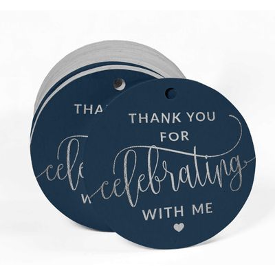 Etiquetas de Papel para Lembrancinhas de Aniversário 'Obrigado por Comemorar Comigo' com Acabamento em Foil - Inkdotpot 100 Etiquetas Metalizadas / Azul - Prata