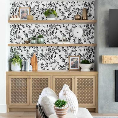 Papel de Parede Autoadesivo Monocromático Pássaros e Galhos, Vinil Removível Cinza, Para Parede de Entrada, Decoração Fácil - S4sassy 63,5 cm (L) × 304,8 cm (C) / Cinza - Vinil Liso