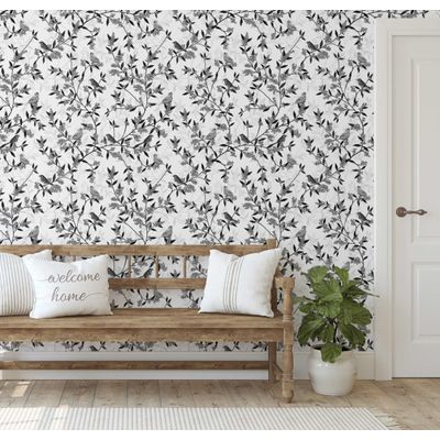 Papel de Parede Autoadesivo Monocromático Pássaros e Galhos, Vinil Removível Cinza, Para Parede de Entrada, Decoração Fácil - S4sassy 63,5 cm (L) × 304,8 cm (C) / Cinza - Vinil Liso