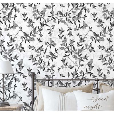 Papel de Parede Autoadesivo Monocromático Pássaros e Galhos, Vinil Removível Cinza, Para Parede de Entrada, Decoração Fácil - S4sassy 63,5 cm (L) × 304,8 cm (C) / Cinza - Vinil Liso