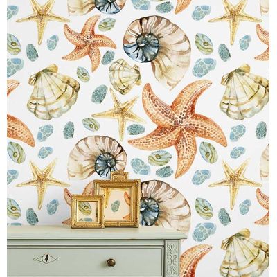 Adesivo de Parede Vinil Removível Vida Marinha Aquarela Conchas e Estrelas-do-Mar Laranja Mural para Banheiro, Lavanderia, Closet - S4Sassy 63,5 cm (L) × 914,4 cm (C) / Laranja - Vinil Texturizado