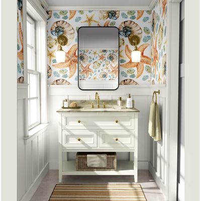 Adesivo de Parede Vinil Removível Vida Marinha Aquarela Conchas e Estrelas-do-Mar Laranja Mural para Banheiro, Lavanderia, Closet - S4Sassy 63,5 cm (L) × 914,4 cm (C) / Laranja - Vinil Texturizado