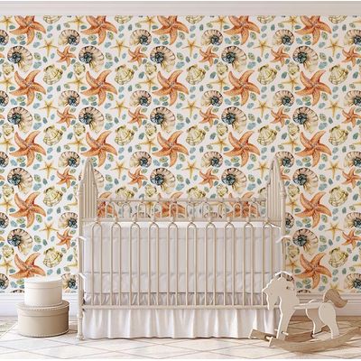 Adesivo de Parede Vinil Removível Vida Marinha Aquarela Conchas e Estrelas-do-Mar Laranja Mural para Banheiro, Lavanderia, Closet - S4Sassy 63,5 cm (L) × 914,4 cm (C) / Laranja - Vinil Texturizado