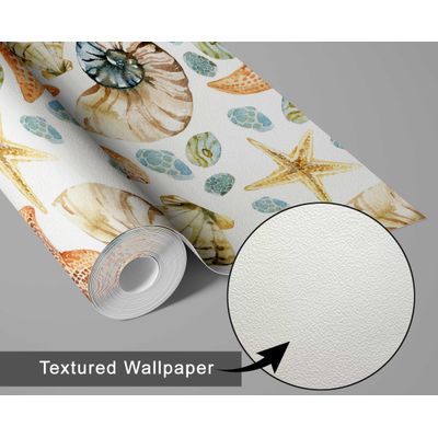 Adesivo de Parede Vinil Removível Vida Marinha Aquarela Conchas e Estrelas-do-Mar Laranja Mural para Banheiro, Lavanderia, Closet - S4Sassy 63,5 cm (L) × 914,4 cm (C) / Laranja - Vinil Texturizado
