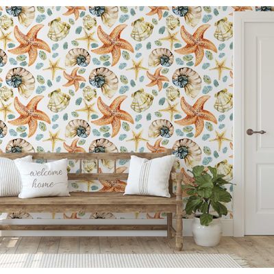 Adesivo de Parede Vinil Removível Vida Marinha Aquarela Conchas e Estrelas-do-Mar Laranja Mural para Banheiro, Lavanderia, Closet - S4Sassy 63,5 cm (L) × 914,4 cm (C) / Laranja - Vinil Texturizado