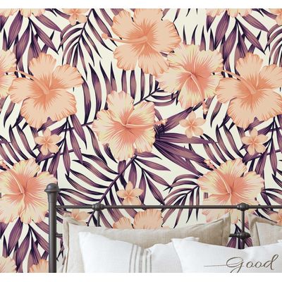 Papel de Parede Floral Hibisco Tropical, Laranja, Vinil Autoadesivo, Revestimento Decorativo, Fácil DIY para Quarto e Sala - S4Sassy 63,5 cm (L) × 609,6 cm (C) / Laranja - Vinil Texturizado
