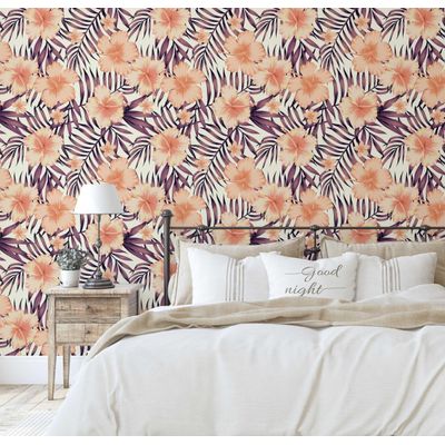 Papel de Parede Floral Hibisco Tropical, Laranja, Vinil Autoadesivo, Revestimento Decorativo, Fácil DIY para Quarto e Sala - S4Sassy 63,5 cm (L) × 609,6 cm (C) / Laranja - Vinil Texturizado