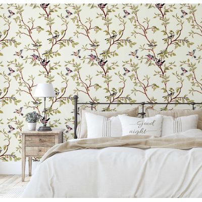 Papel de Parede Autoadesivo Removível Estampa Pássaro Verde e Galho, Parede de Entrada, Decoração de Escritório, Solução - S4sassy 63,5 cm (L) × 152,4 cm (C) / Verde - Vinil Liso