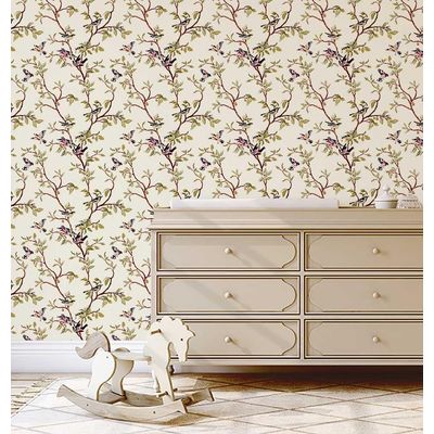 Papel de Parede Autoadesivo Removível Estampa Pássaro Verde e Galho, Parede de Entrada, Decoração de Escritório, Solução - S4sassy 63,5 cm (L) × 152,4 cm (C) / Verde - Vinil Liso