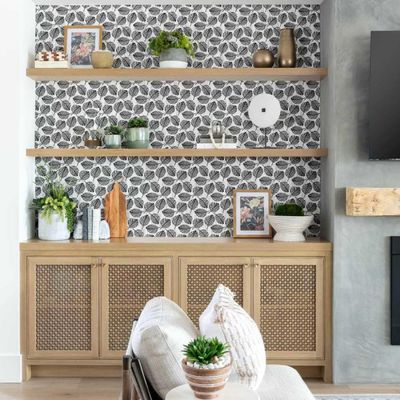 Papel de Parede Vinílico Autoadesivo, Estampa de Folhas Pequenas, À Prova d'Água - Preto, Removível para Quartos e Salas - S4Sassy 63,5 cm (L) × 152,4 cm (C) / Preto - Vinil Liso