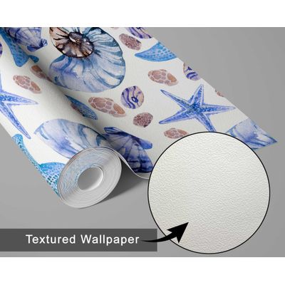 Papel de Parede Vinílico Autoadesivo Removível Vida Marinha Aquarelada Conchas e Estrelas-do-Mar Azul Banheiro/Lavanderia/Closet - S4Sassy 63,5 cm (L) × 304,8 cm (C) / Azul - Vinil Texturizado